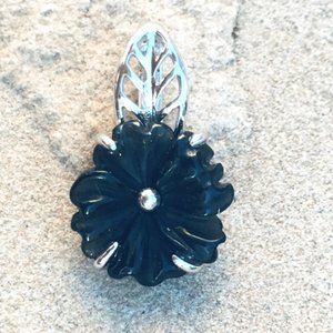 Black Obsidian Carved Flower Pendant .925 Sterling Silver Natural Stone